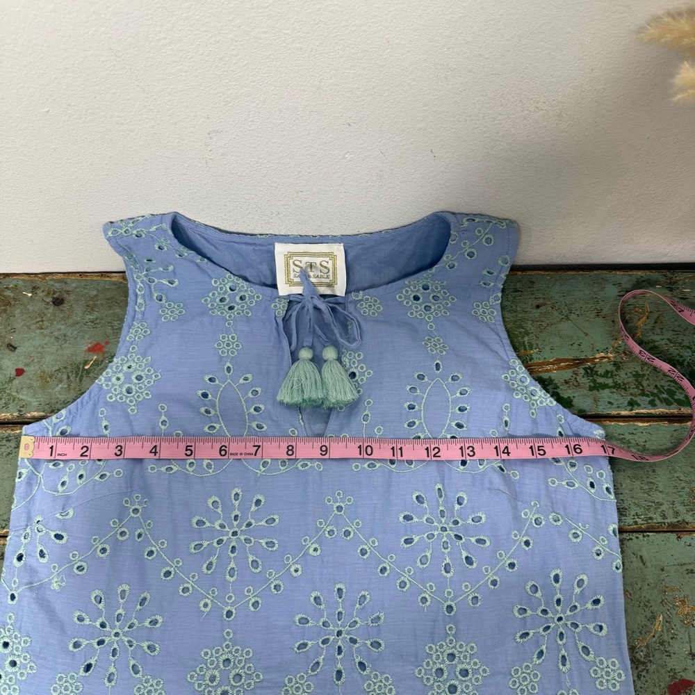 SAIL to SABLE Eyelet Sleeveless Ruffle Hem Dress Cabbage/Hydrangea Cotton Sz S - Picture 14 of 15
